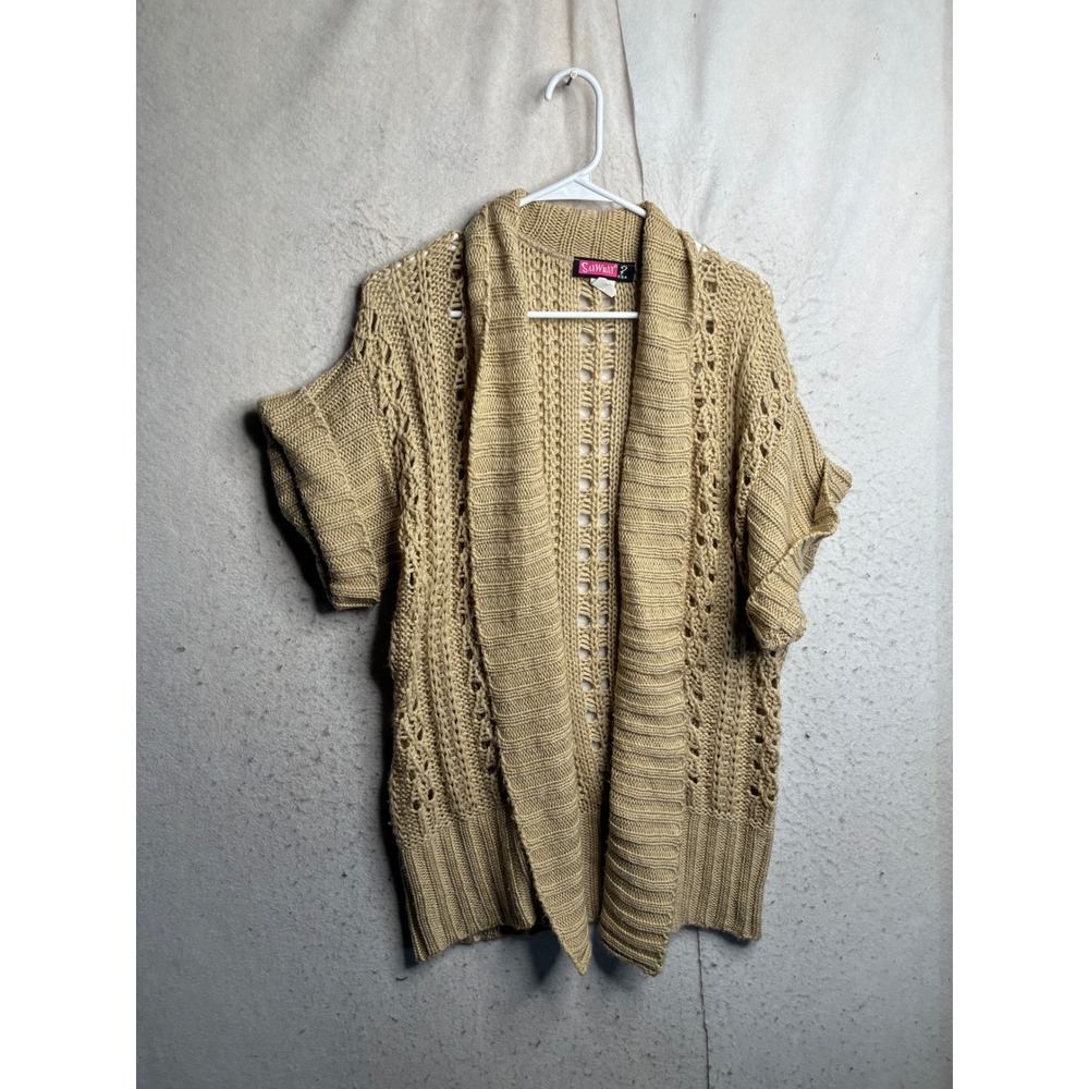 Say What? Womens Tan Beige Open Knit Short Sleeve Cardigan Shawl Collar Medium